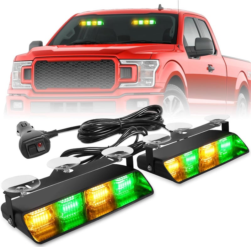 HLauto 2002L Emergency Dash Strobe Lights: Amber Green Safety Lights, Flashing Warning Hazard Windshield Visor Traffic Light Bars for Trucks, Construction Vehicles (2x8.5 inch, 48LED) - Image 1
